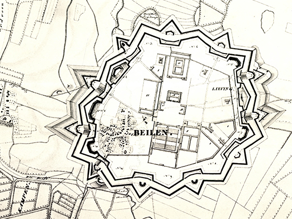 Kaart van Beilen als vestingstad uit 1822 